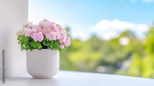 Wallpaper Mural Delicate pink flowers in a white pot,  natural light Torontodigital.ca