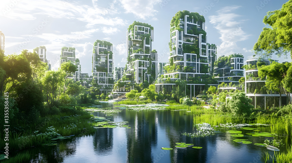 Obraz premium A self-sustaining city with AI-optimized green buildings and smart energy grids.