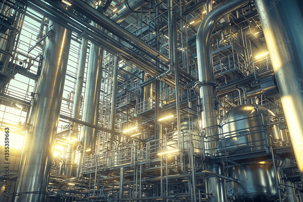 Complex network of stainless steel pipes and tanks in futuristic high-tech industrial processing and manufacturing facility Complex network of stainless steel pipes and tanks in futuristic high-tech industrial processing and manufacturing facility