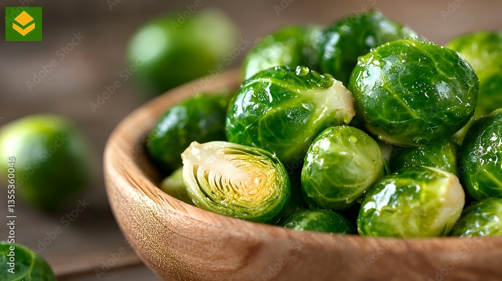 Fresh Brussels Sprouts in Wooden Bowl Close Up Vegetable Nature Food Fresh Brussels Sprouts in Wooden Bowl Close Up Vegetable Nature Food