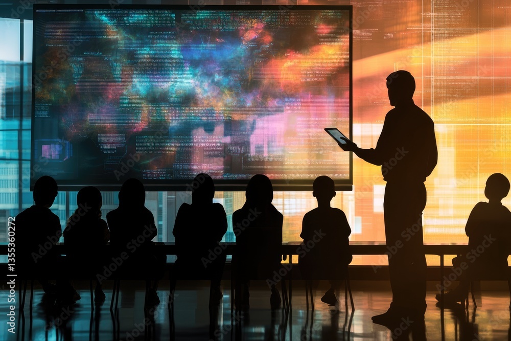 Silhouetted teacher presents to students, modern classroom setting with large screen displaying abstract data Silhouetted teacher presents to students, modern classroom setting with large screen displaying abstract data