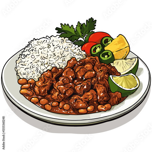 Vector Cuban Ropa Vieja with Rice, Beans, Lime and Peppers