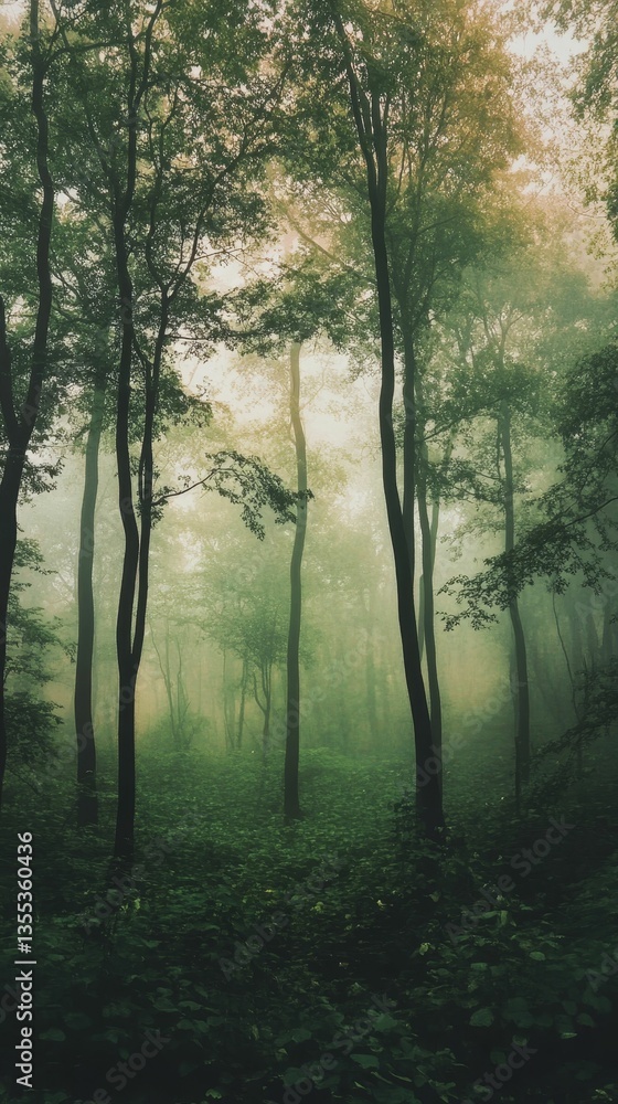 Obraz premium Mystical forest shrouded in ethereal morning fog.