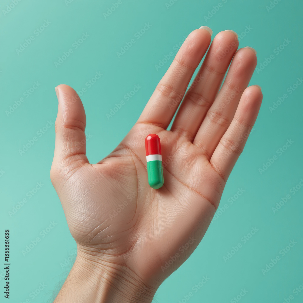 hand holding colorful capsule against teal background, symbolizing health and wellness hand holding colorful capsule against teal background, symbolizing health and wellness