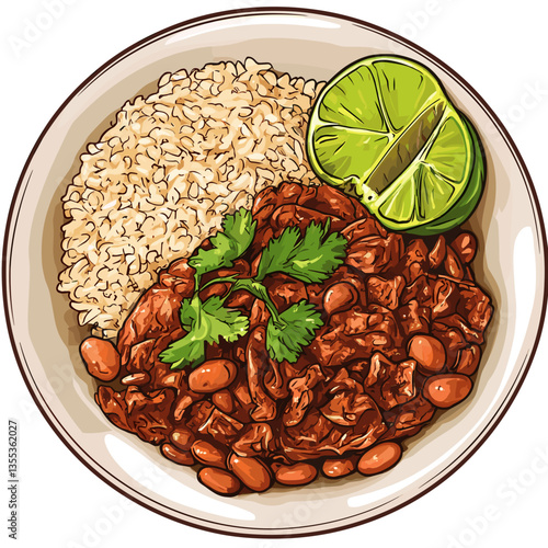 Vector Cuban Ropa Vieja with Rice, Beans, Lime and Peppers