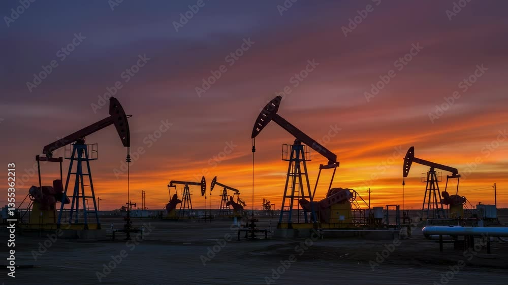 Oil pump jacks silhouetted against vibrant sunset sky. Petroleum extraction in oilfield. Industrial landscape of fossil fuel production at dusk. Oil pump jacks silhouetted against vibrant sunset sky. Petroleum extraction in oilfield. Industrial landscape of fossil fuel production at dusk.