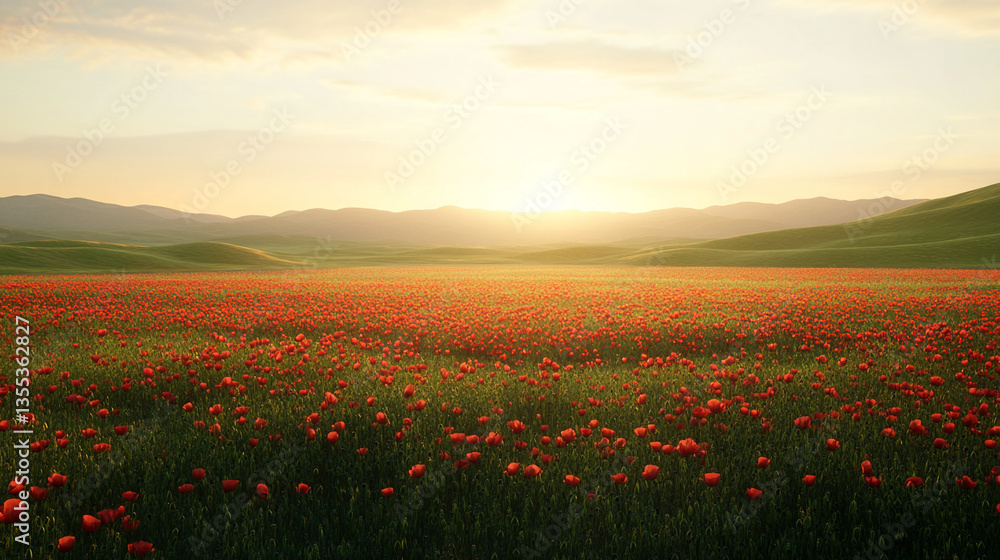 Serene sunset over a vibrant poppy field with rolling hills  