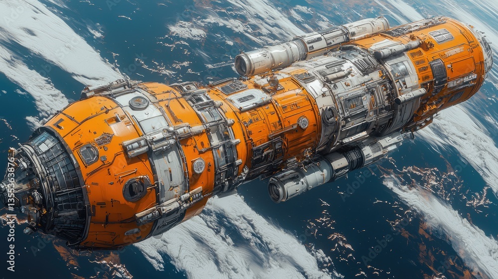 Futuristic spacecraft orbiting Earth, showcasing intricate design and detailed components Futuristic spacecraft orbiting Earth, showcasing intricate design and detailed components