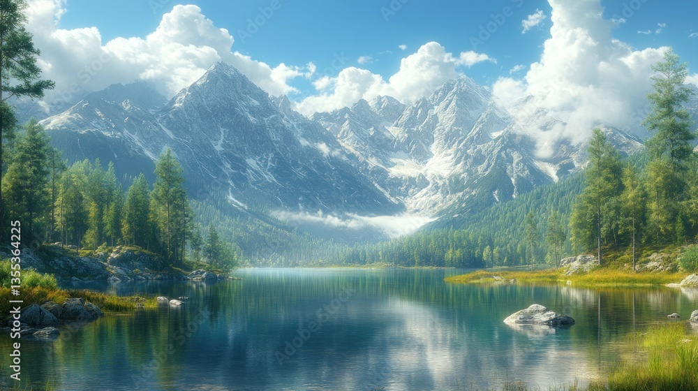 Alpine lake reflecting snowy peaks and forest under sunny sky Alpine lake reflecting snowy peaks and forest under sunny sky