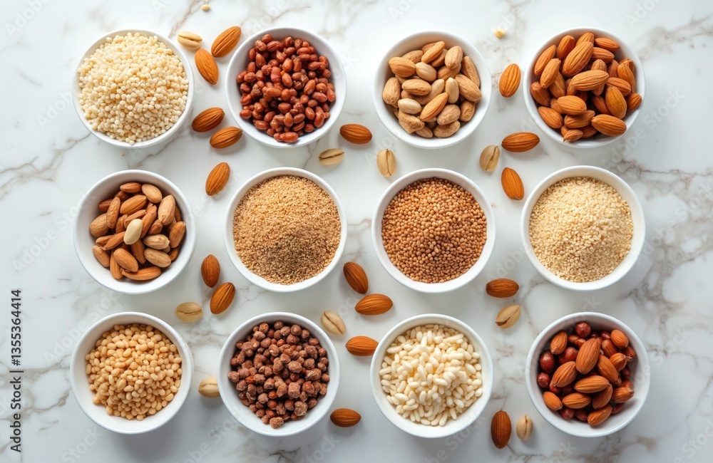 Assortment healthy nuts grains bowls marble background. Almonds, peanuts, hazelnuts, walnuts, seeds, cereals. Variety of ingredients for vegan vegetarian raw cooking. Diet, protein, fiber, snack food. Assortment healthy nuts grains bowls marble background. Almonds, peanuts, hazelnuts, walnuts, seeds, cereals. Variety of ingredients for vegan vegetarian raw cooking. Diet, protein, fiber, snack food.