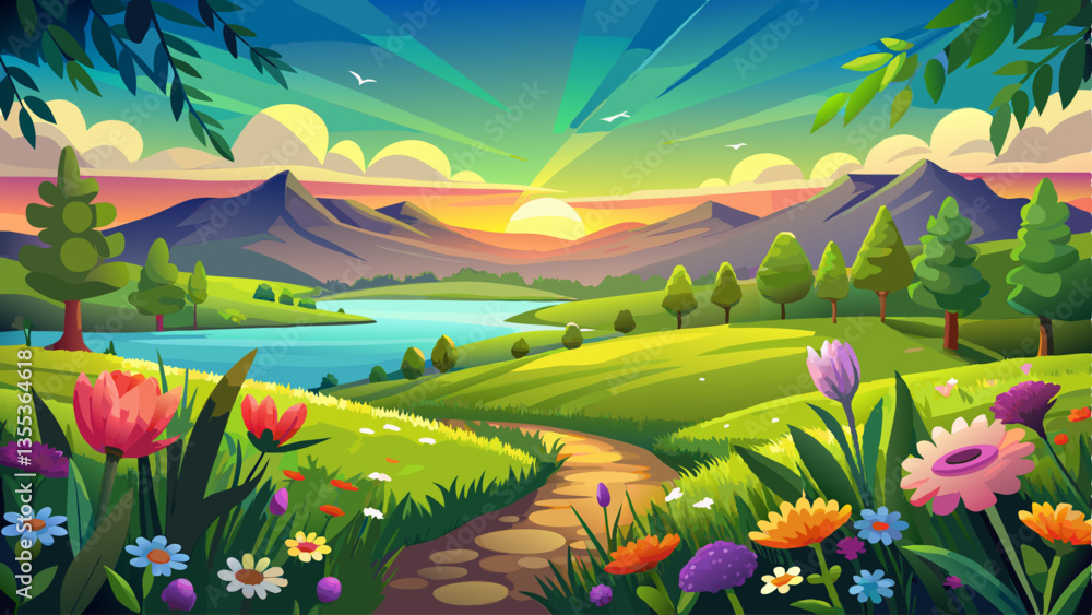 Beautiful Picturesque view of green field with blooming flowers at sunrise Beautiful Picturesque view of green field with blooming flowers at sunrise