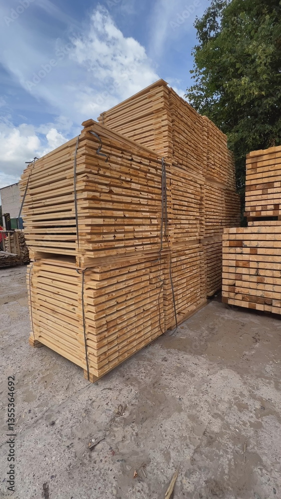 Fototapeta premium Stacks of wooden planks drying in the lumberyard under blue sky