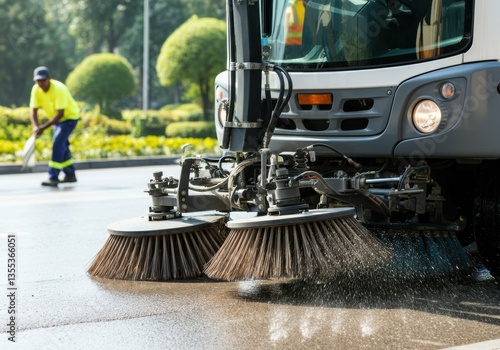 Street cleaning vehicle sweeping the road, ensuring cleanliness and maintenance