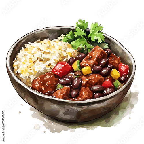 Watercolor Bowl of Cuban Ropa Vieja with Rice and Beans