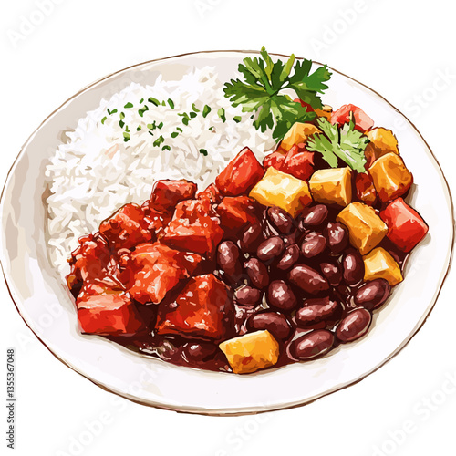 Watercolor Bowl of Cuban Ropa Vieja with Rice and Beans