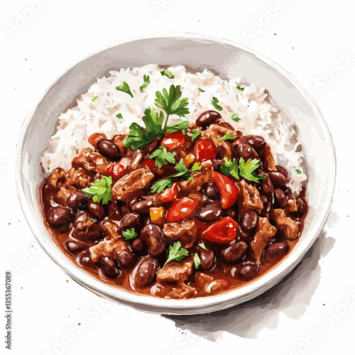 Watercolor Bowl of Cuban Ropa Vieja with Rice and Beans