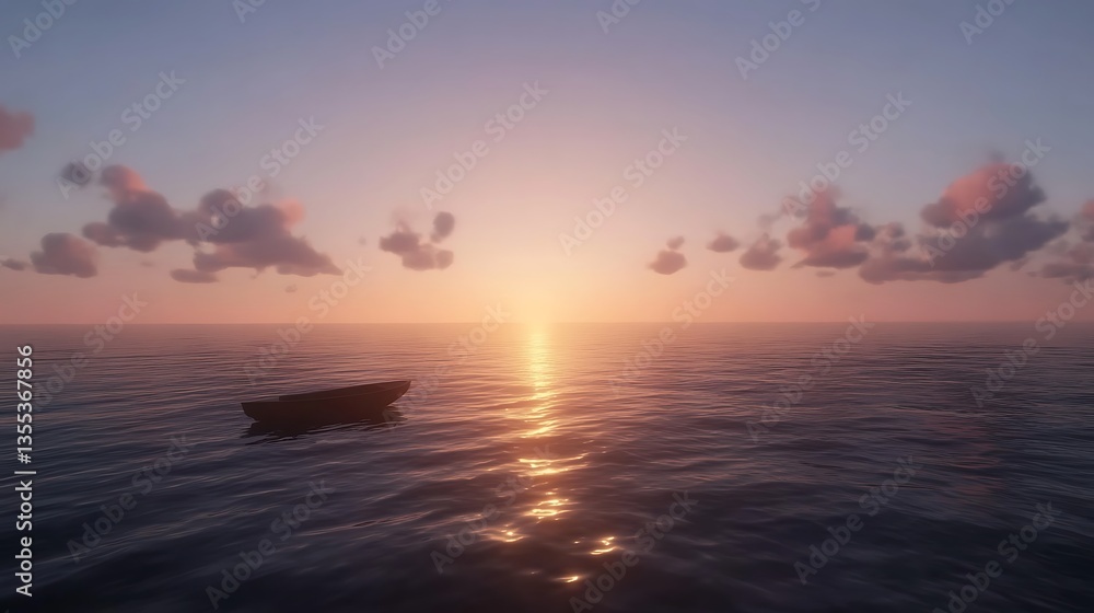 Fototapeta premium A serene sunset over calm waters with a small boat silhouetted against the horizon.