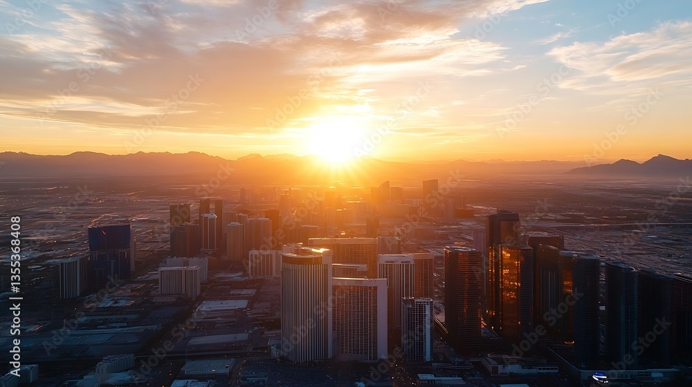 Fototapeta premium Breathtaking aerial view of a vibrant city skyline at sunset with warm golden hues illuminating buildings : Generative AI