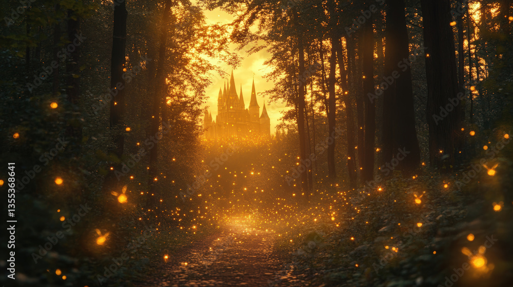 Naklejka premium A magical forest path illuminated by fireflies leads to a stunning castle in the distance.