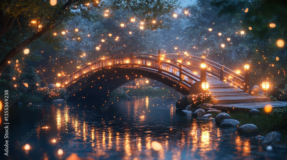 Fototapeta premium A wooden bridge adorned with glowing lanterns crosses a tranquil river under a magical, mystical sky.