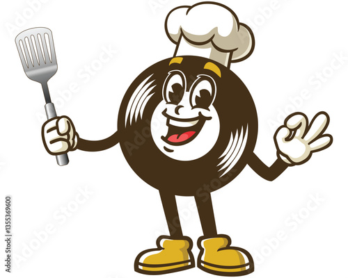 Cartoon character of a vinyl record holding a spatula and wearing a chef's hat