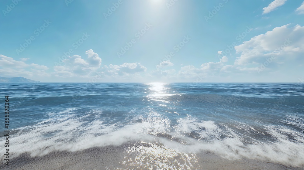 Fototapeta premium A serene ocean view under a bright sky with gentle waves lapping at the shore.