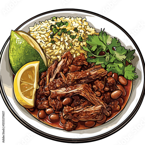 Vector Cuban Ropa Vieja with Rice, Beans, Lime and Peppers