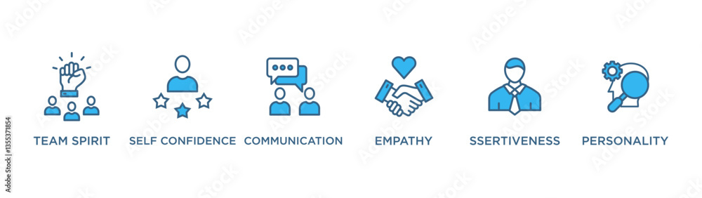 SOFT-SKILLS banner web icon vector illustration concept for product and service quality inspection with an icon of team spirit, self confidence, communication, empathy, ssertiveness, personality, SOFT-SKILLS banner web icon vector illustration concept for product and service quality inspection with an icon of team spirit, self confidence, communication, empathy, ssertiveness, personality,