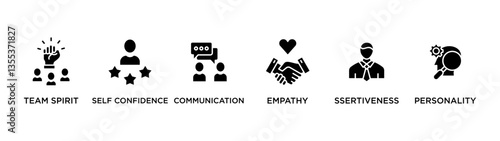 SOFT-SKILLS banner web icon vector illustration concept for product and service quality inspection with an icon of team spirit, self confidence, communication, empathy, ssertiveness, personality,