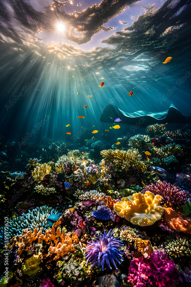 Fototapeta premium Vivid Underwater Coral Reef Ecosystem: A Symphony of Marine Life and Ecological Harmony