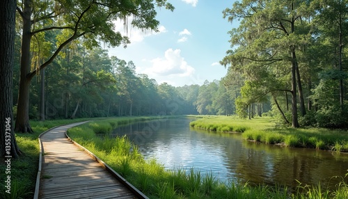 Fototapeta Naklejka Na Ścianę i Meble -  Scenic forest with walking trail near serene lake in Ocala Florida. Rich green trees, trail along river or lake. Popular recreational travel destination for hiking and recreation.
