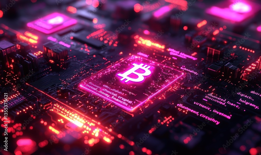 Glowing Bitcoin symbol embedded in a complex circuit board, showcasing intricate technological details and vibrant neon lighting Glowing Bitcoin symbol embedded in a complex circuit board, showcasing intricate technological details and vibrant neon lighting