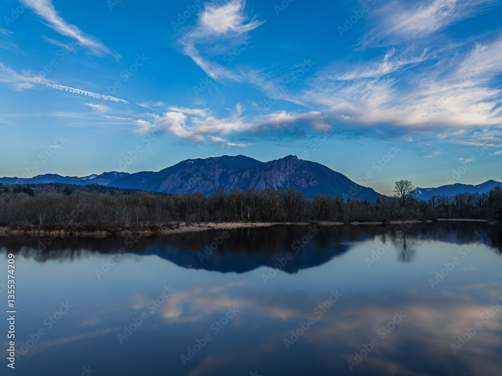 Snoqualmie WA USA - March 1st 2025: Beautiful reflection of mountain Snoqualmie WA USA - March 1st 2025: Beautiful reflection of mountain