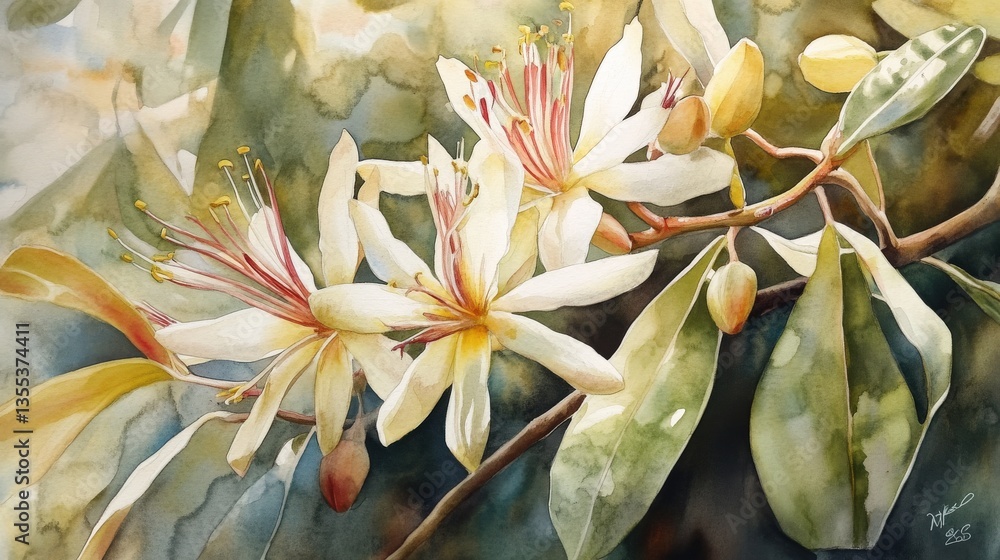 Obraz premium A detailed watercolor painting of flowering plants on a branch