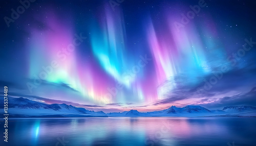 Wallpaper Mural Arctic Aurora Borealis night sky landscape, mountains reflected in calm water Torontodigital.ca