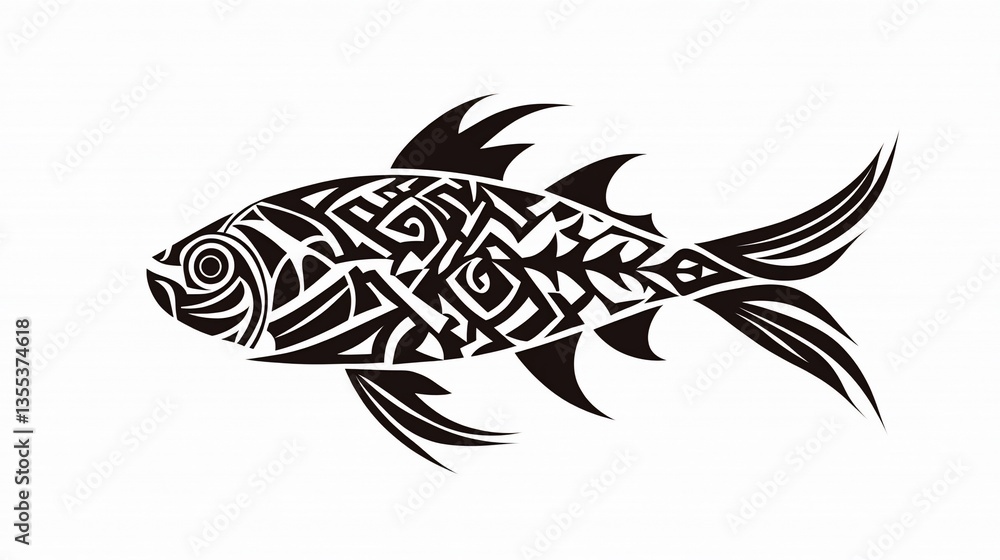 Fototapeta premium Abstract Tribal Fish Tattoo Illustration on Isolated White Background