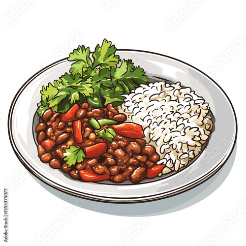 Vector Cuban Ropa Vieja with Rice, Beans, Lime and Peppers