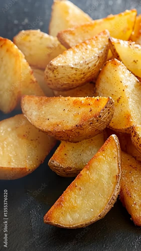 Crispy golden-brown potato wedges arranged neatly on a dark plate, ready to be served Crispy golden-brown potato wedges arranged neatly on a dark plate, ready to be served