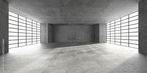 Modern industrial light-filled spacious concrete interior design for architecture inspiration. 3d render