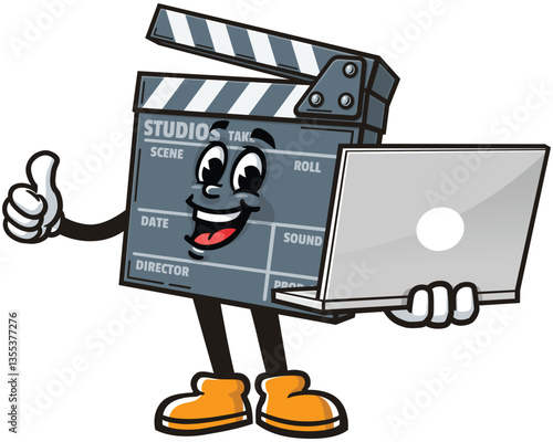 Clapperboard character cartoon holding a laptop