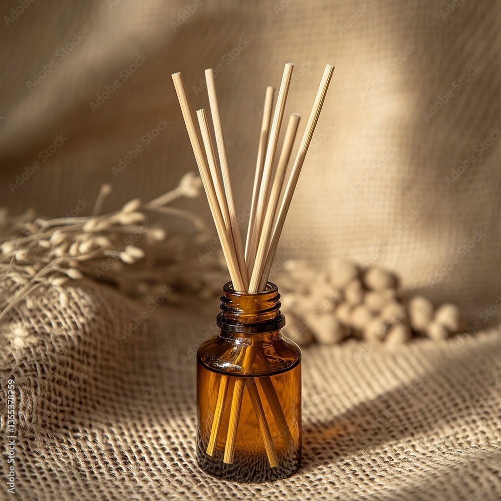 custom made wallpaper toronto digitalBrown glass essential oil diffuser bottle with wooden sticks on woven fabric