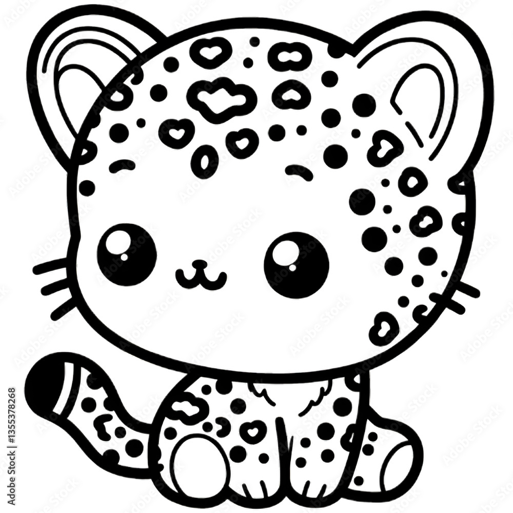 Obraz premium Cute cartoon leopard cub outline, black and white, adorable animal illustration.