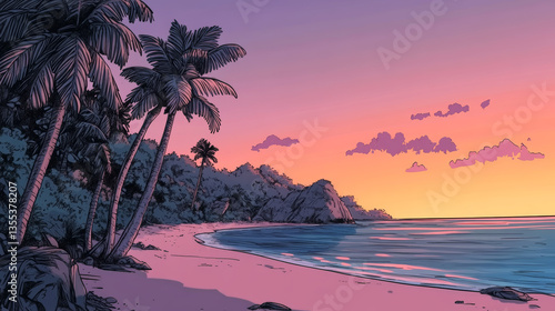 Tropical country sundown landscape, palm tree forest on ocean sand beach, calm sea relaxing place cartoon line vector illustration.