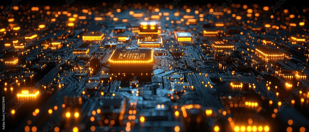 Glowing circuitry board, intricate design, technological detail Glowing circuitry board, intricate design, technological detail