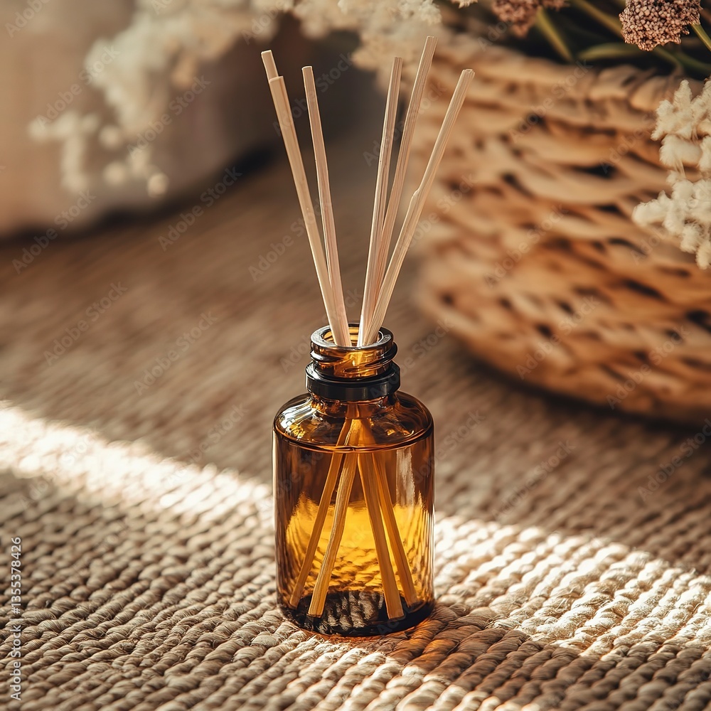 custom made wallpaper toronto digitalBrown glass essential oil diffuser bottle with wooden sticks on woven fabric