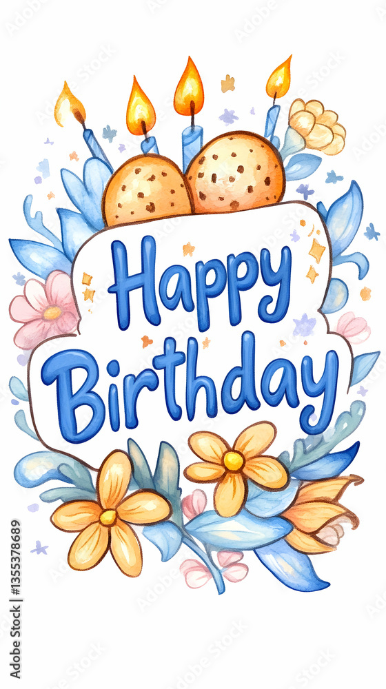Obraz premium Birthday greeting card with cakes and flowers