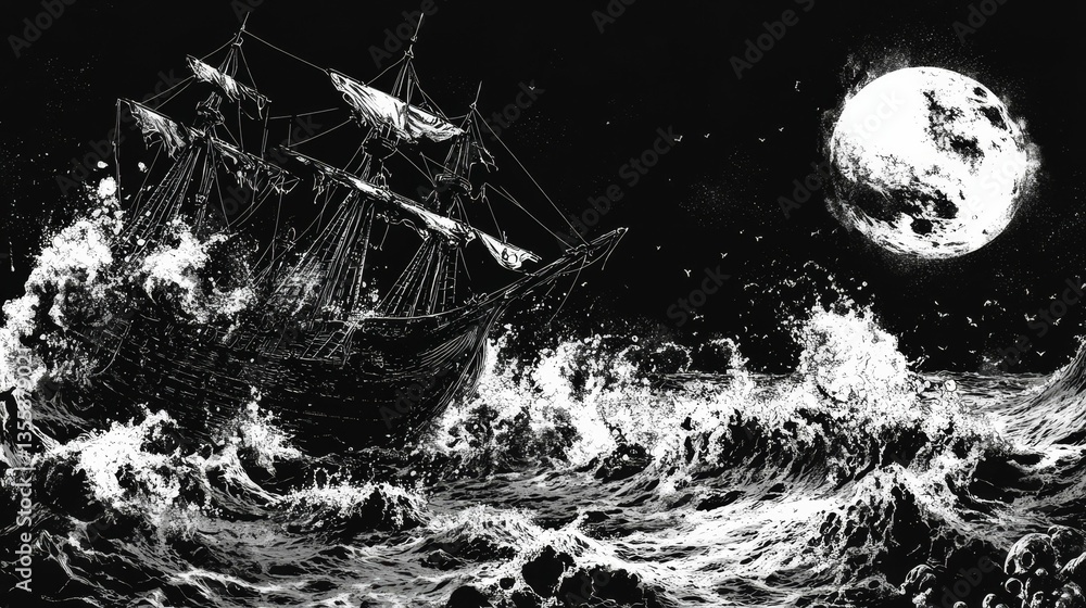 Ship sails stormy seas beneath a full moon. Ship sails stormy seas beneath a full moon.