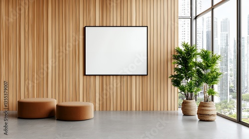Modern Room Interior with Wood Panel Wall, Picture Frame, Plants and Cityscape View