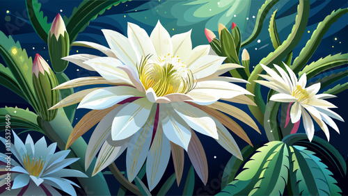 White blossom Queen of the Night Cactus plant with large fragrant flowers front view