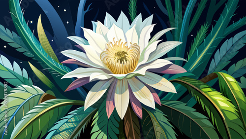 White blossom Queen of the Night Cactus plant with large fragrant flowers front view